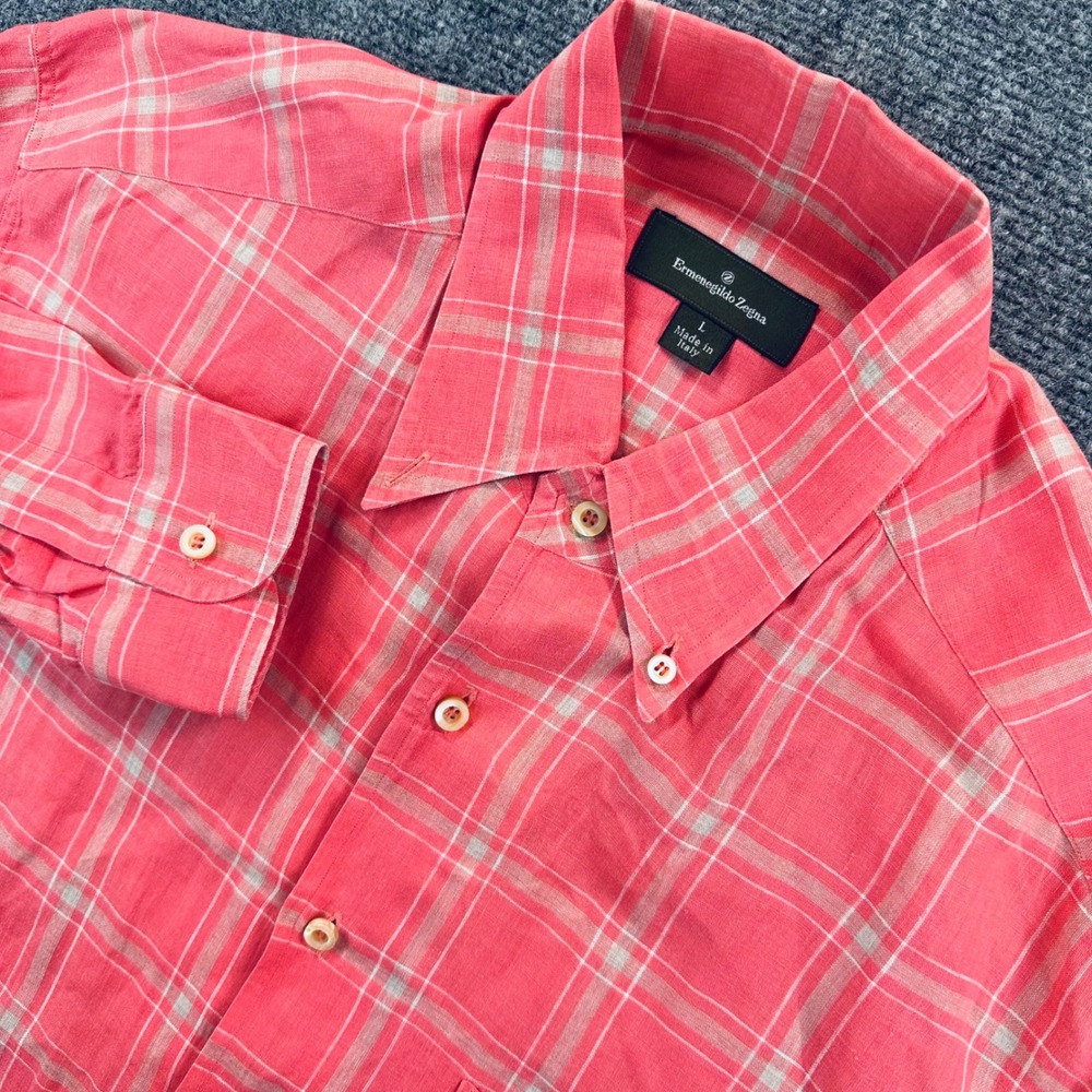 Ermenegildo Zegna Mens L Pink Gray Plaid 100% Linen Button Down Shirt *Read